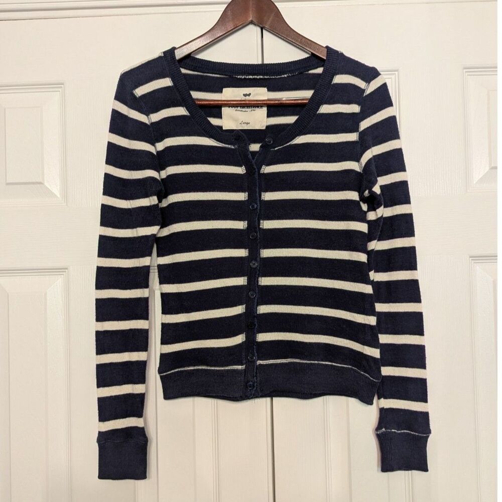 Y2K Striped Button Front Cardigan Navy Cream Knit Juniors Large